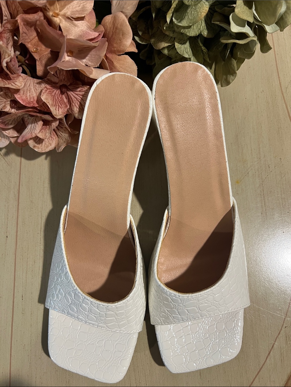 White Croc-Embossed Slide Heels - Women